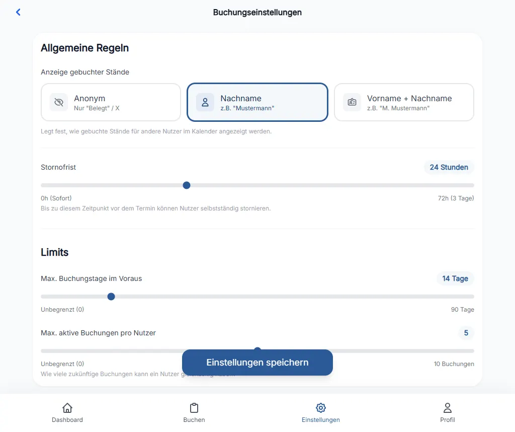 Detaillierte Buchungseinstellungen im Admin-Bereich