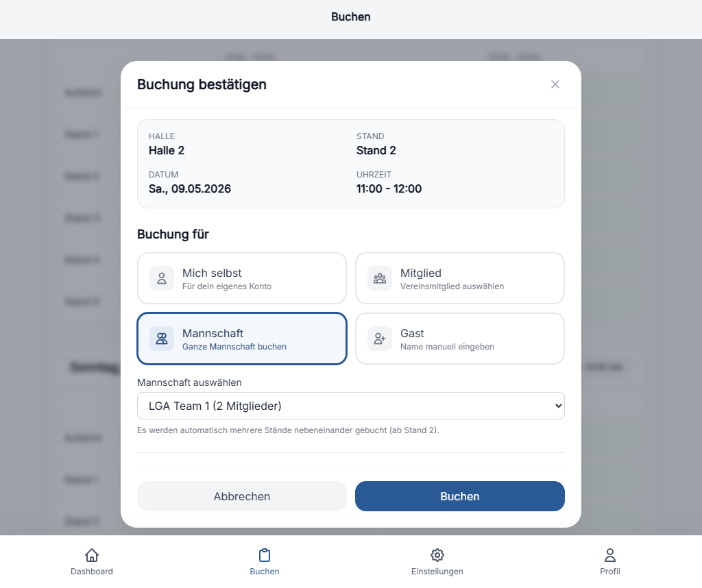 Trainer-Ansicht zur Buchung von Stand-Kontingenten für eine ganze Mannschaft