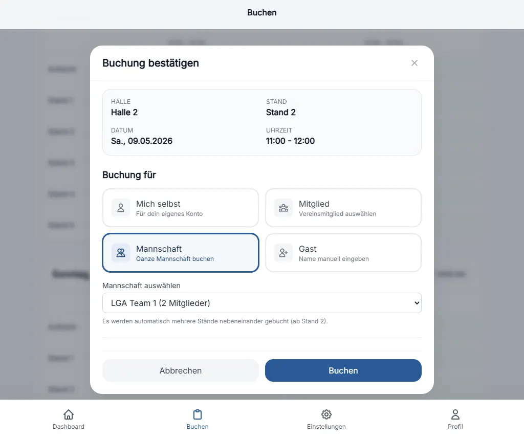Trainer-Ansicht zur Buchung von Stand-Kontingenten für eine ganze Mannschaft